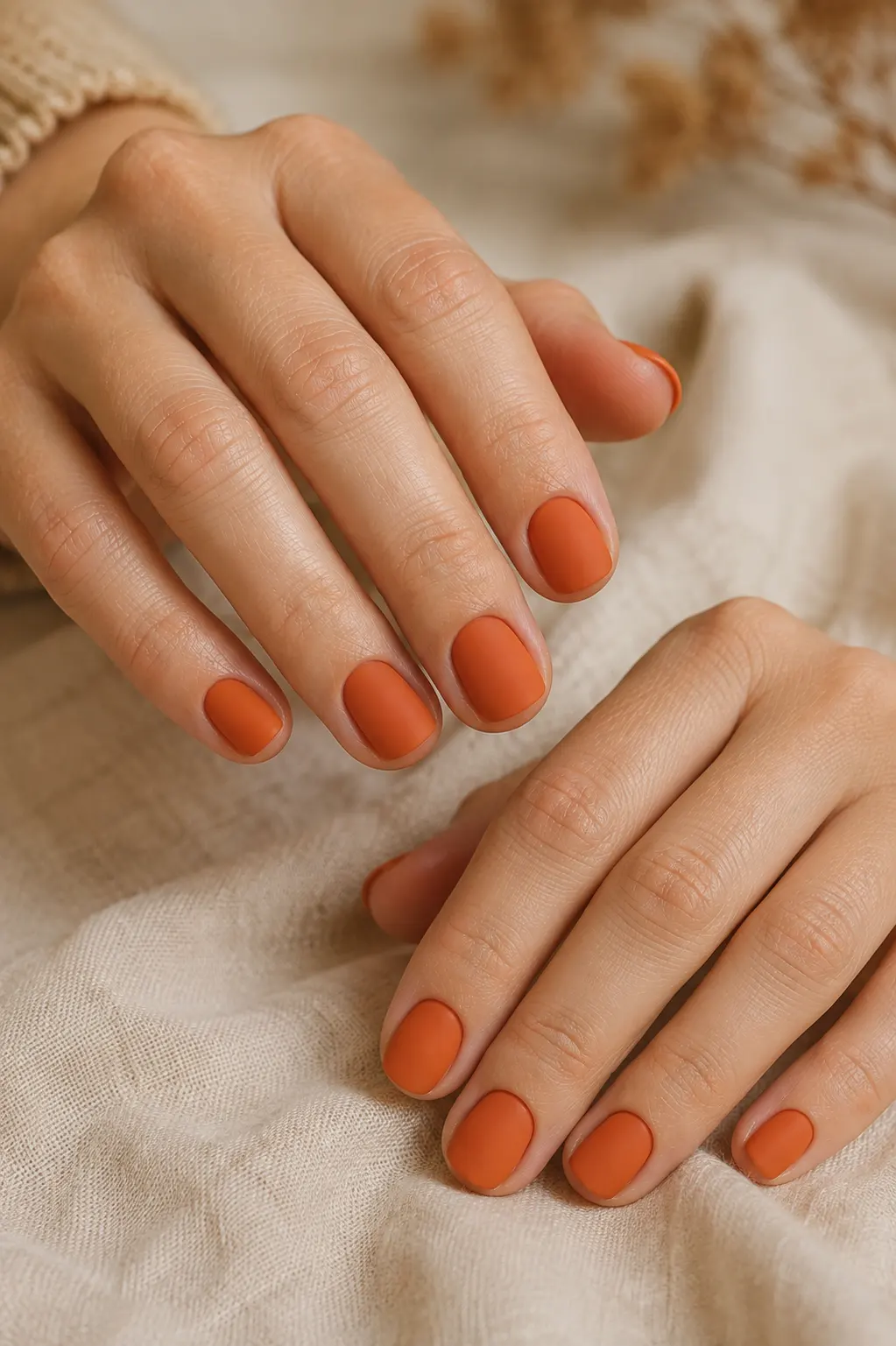 Short nails painted in a rich solid pumpkin orange shade with a smooth matte finish for a chic minimalist autumn manicure.