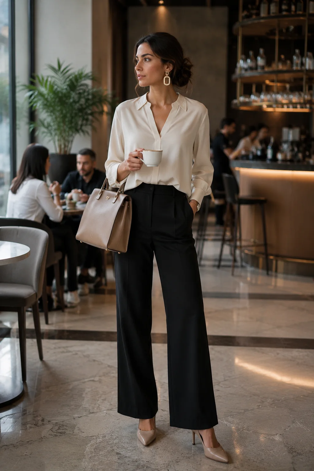 Stylish woman sitting naturally in an elegant café wearing a minimalist cream blouse, tailored black trousers, neutral heels, understated handbag, and one pair of bold statement earrings as the main accessory, with all other jewelry kept simple, demonstrating how choosing a single statement piece can create an elegant, balanced, and effortlessly chic fashion look without overwhelming the outfit.