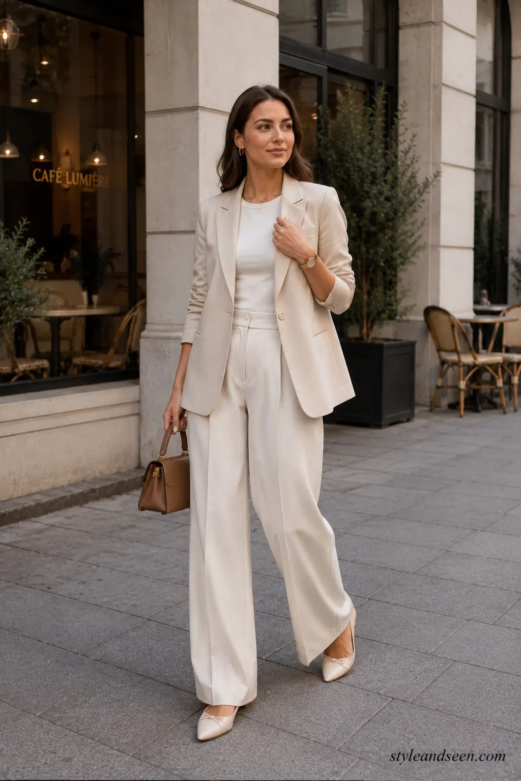 Young woman wearing a cream blazer, ivory top, wide-leg trousers, and a structured handbag for a sophisticated going-out look.