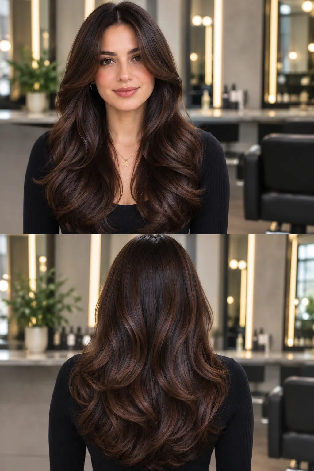Molten Brunette hair color with deep chocolate brown and subtle chestnut dimension shown in front and back views