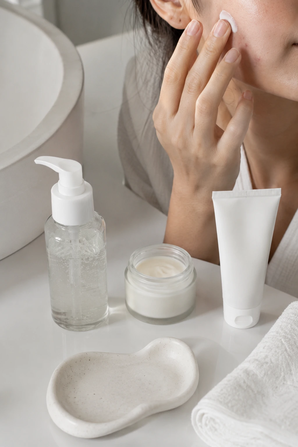 Minimalist skincare routine with cleanser, moisturizer, and sunscreen arranged on a clean bathroom vanity