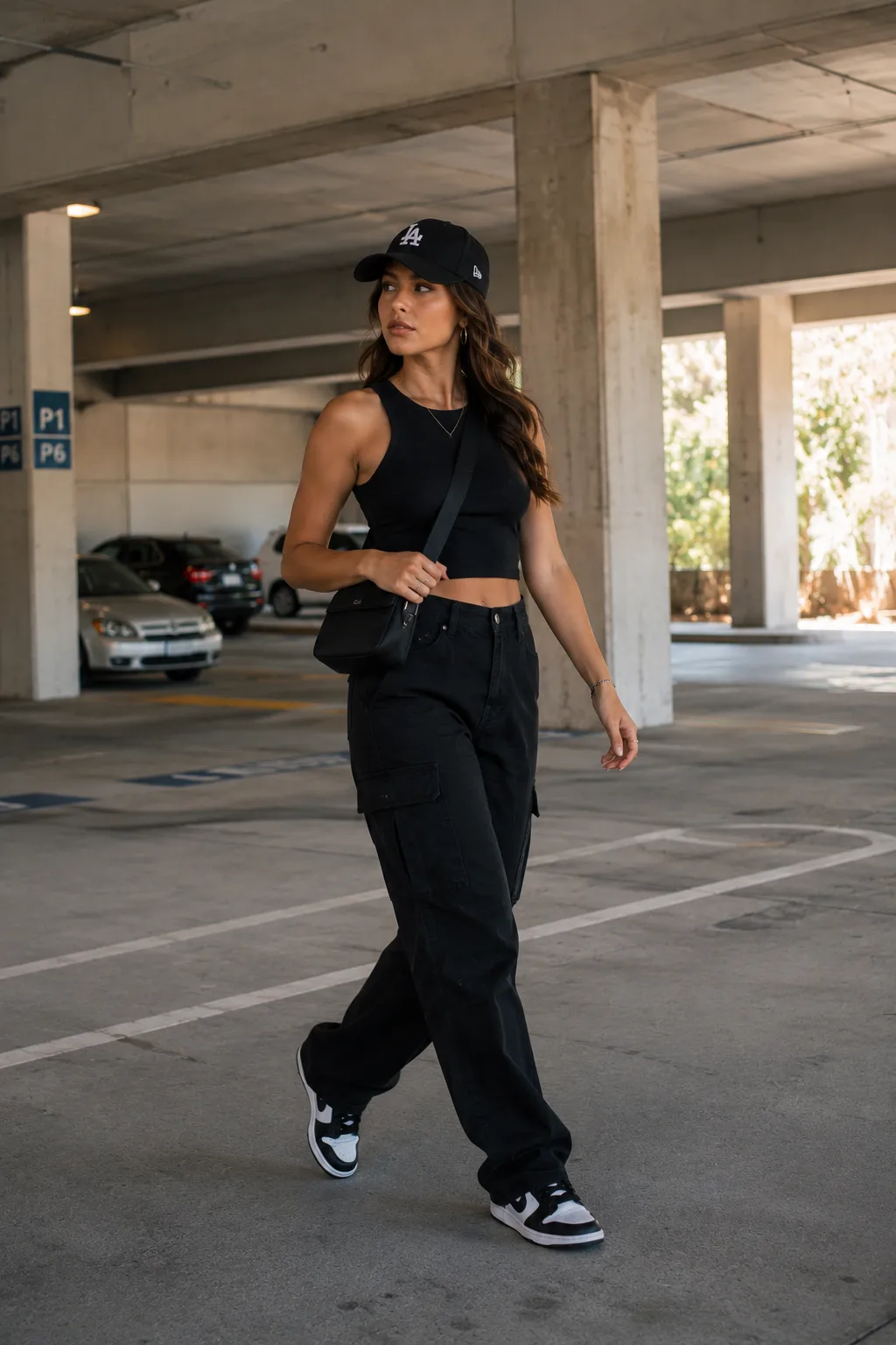 Woman wearing an all-black streetwear outfit with cargo pants, sneakers, a black snapback hat, and a crossbody bag