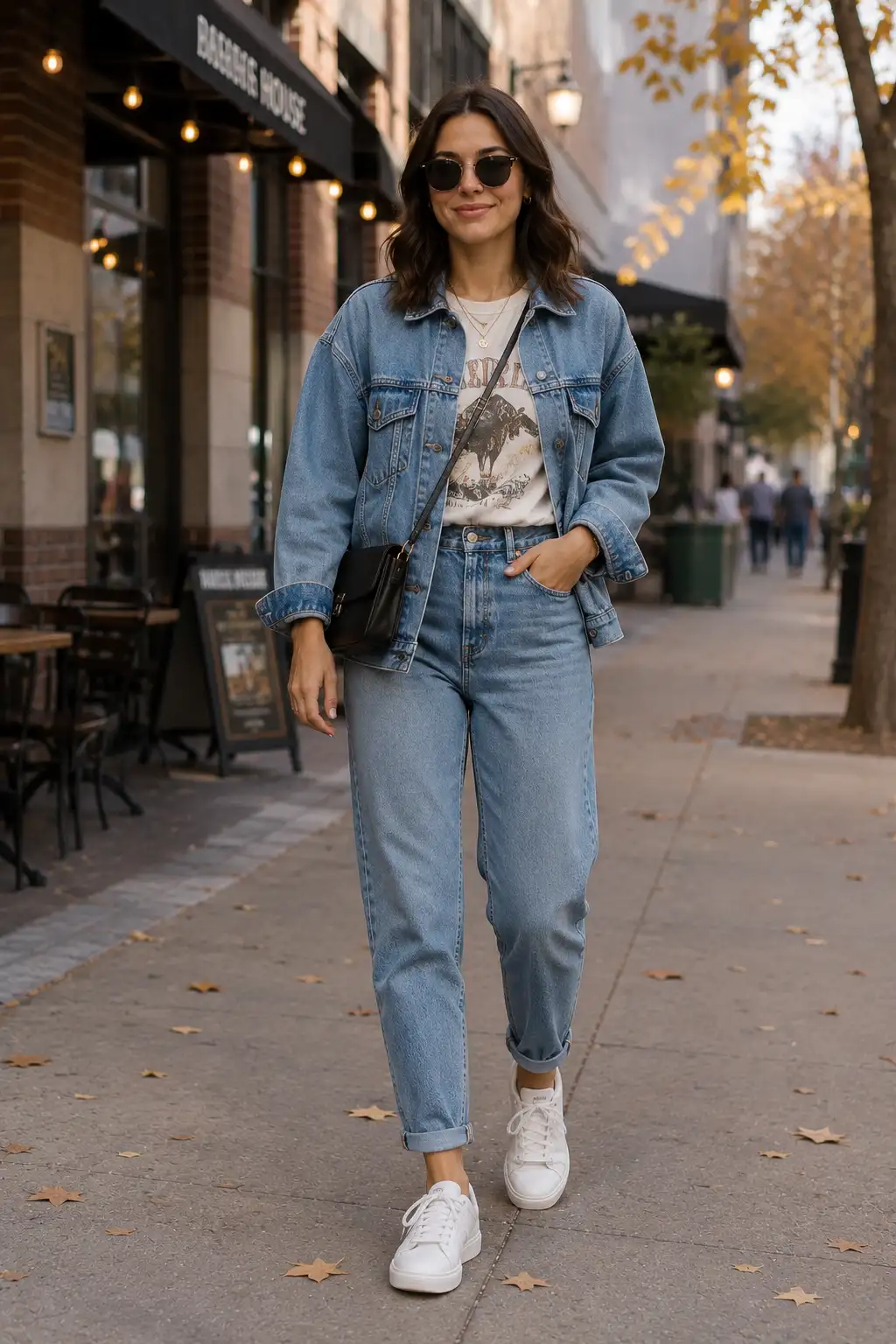 Casual fall outfit featuring a woman wearing a light blue oversized denim jacket over a vintage graphic T-shirt with matching high-waisted straight-leg denim jeans, white leather sneakers, black sunglasses, and a small black crossbody bag. The relaxed everyday fall fashion look is styled on a lively city sidewalk beside cafes, storefronts, warm string lights, and golden autumn trees.