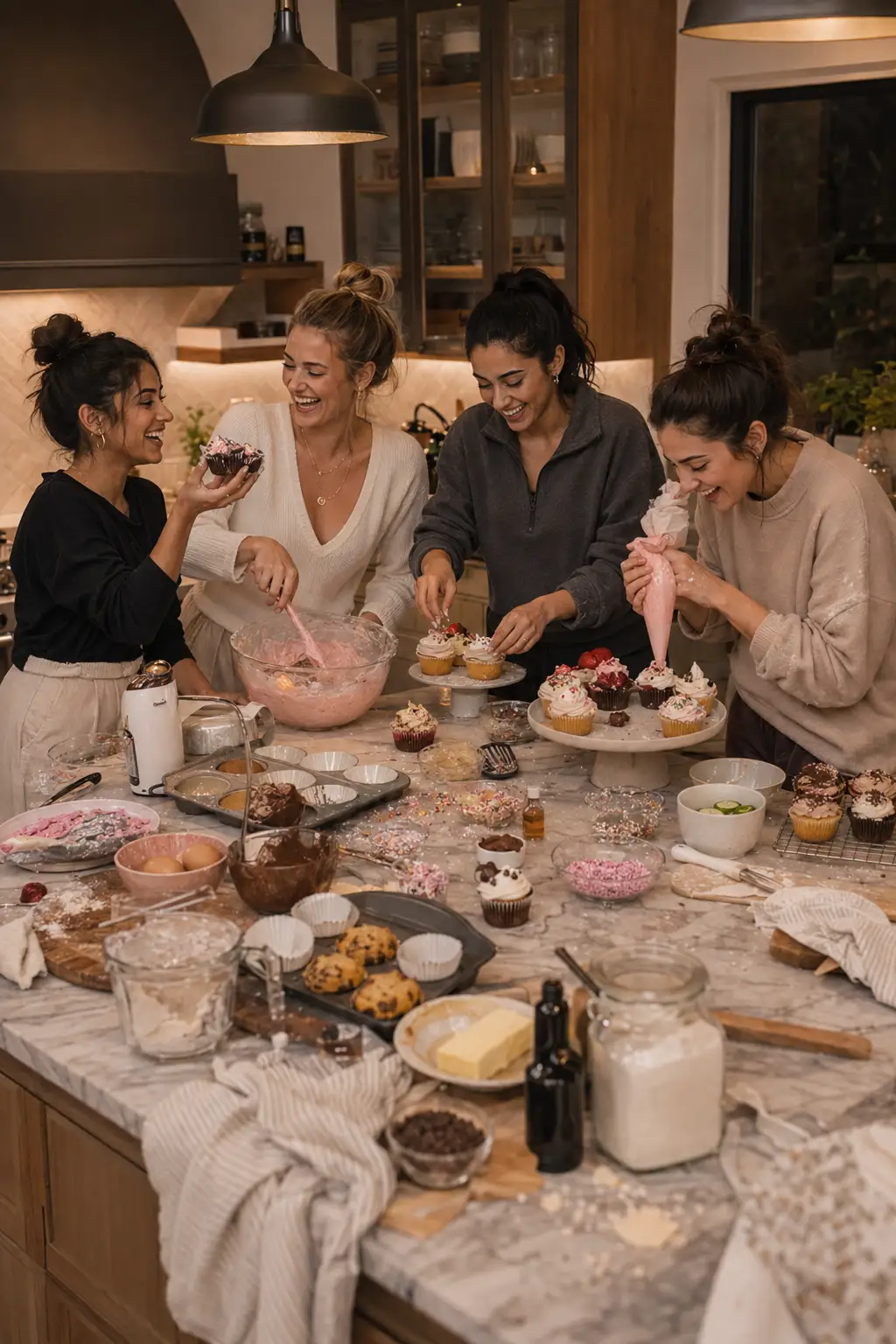 Four female friends enjoying a girls’ night bake-off in a modern kitchen, decorating cupcakes and preparing desserts with frosting, sprinkles, baking supplies, and ingredients.