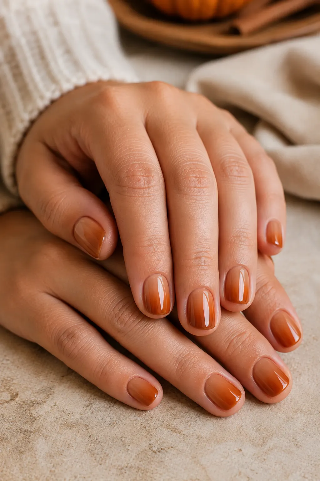 Short nails featuring a seamless gradient from light warm caramel at the base to deeper spiced pumpkin orange at the tips.