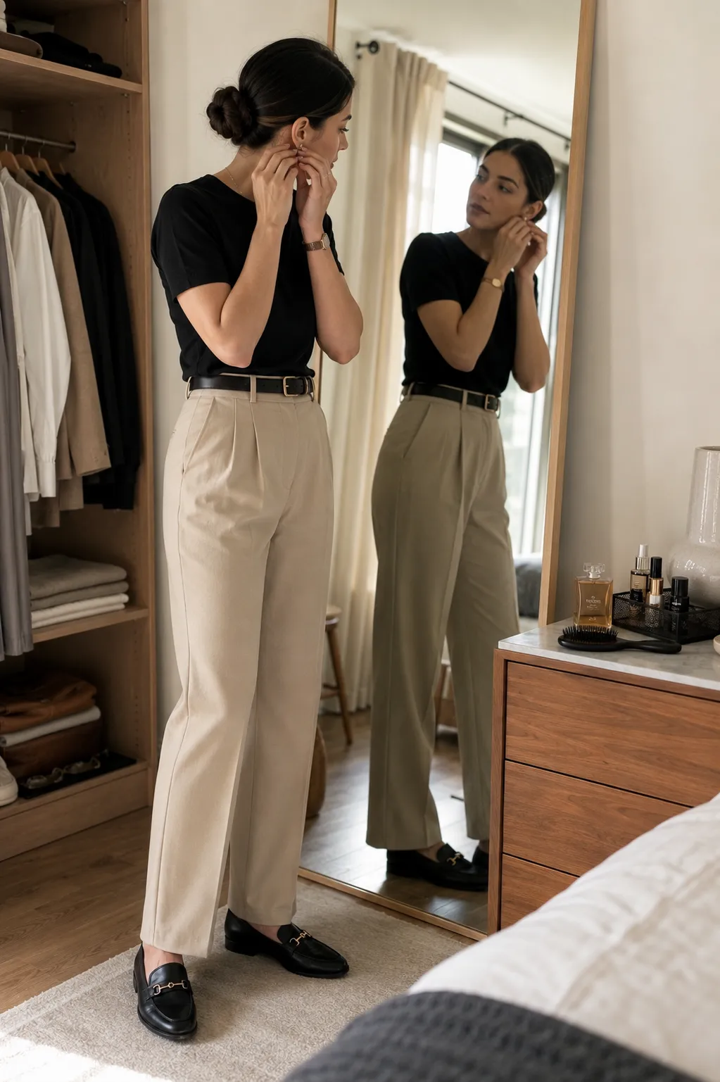 Stylish woman standing naturally in a bright bedroom dressing area wearing a simple polished neutral outfit while styling her hair into a sleek low bun with a clean center part, with realistic individual hair strands, subtle flyaways, natural skin texture, a full-length mirror, wardrobe, beauty products, and everyday bedroom details visible around her, showing how an intentional low-effort hairstyle can instantly make an outfit look more finished.