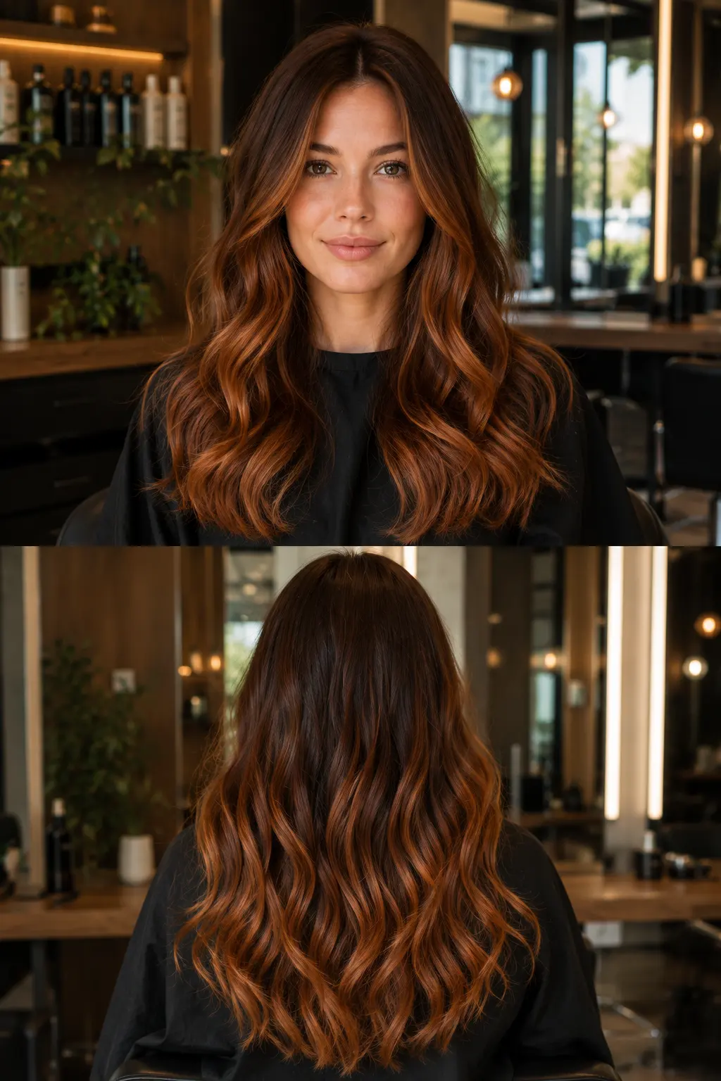 Copper balayage hair with hand-painted copper and amber tones blended through brunette hair shown in front and back views
