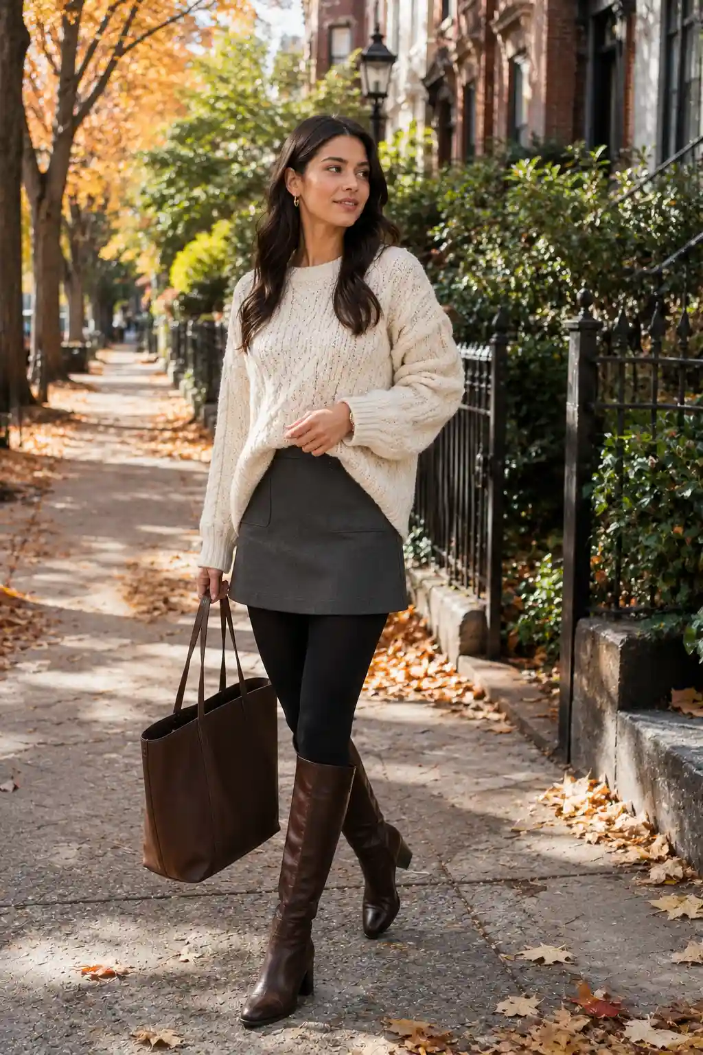 Gray A-line mini skirt worn with black leggings, oversized cream cable-knit sweater, brown knee-high boots, and leather tote for a cozy fall outfit.