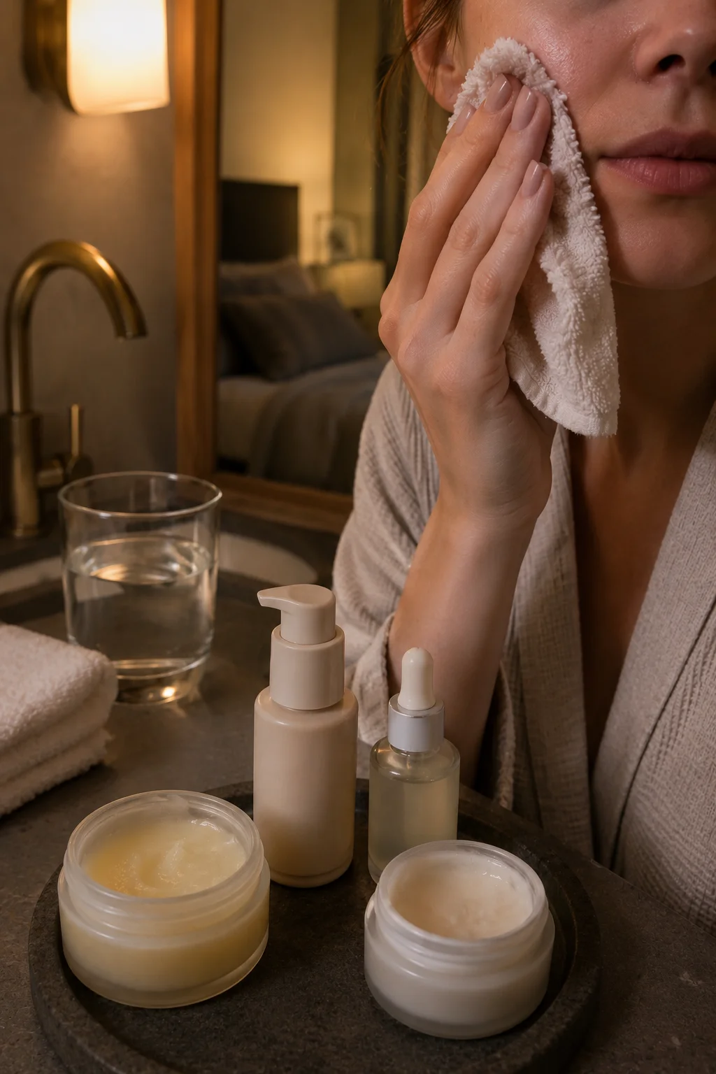 Real-life nighttime skincare routine with cleansing balm, serum, moisturizer, and soft towel