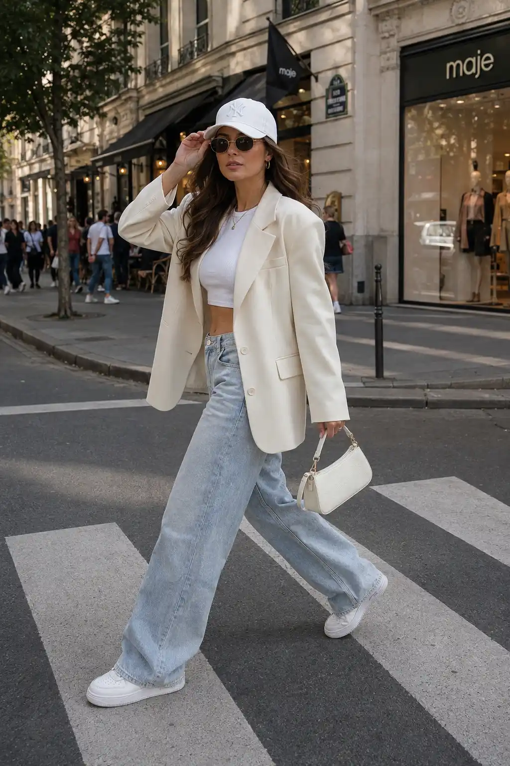 Woman wearing a cream blazer, white top, baggy blue jeans, white sneakers, and a white snapback hat on a city street