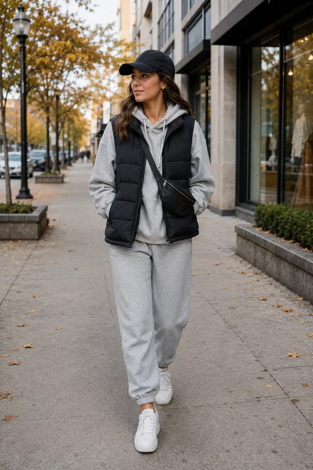 Cozy casual fall outfit featuring a woman wearing a light gray oversized hoodie layered beneath a black quilted puffer vest, matching relaxed gray jogger pants, a black baseball cap, a black crossbody belt bag, and clean white sneakers. The comfortable autumn street style is photographed on a modern city sidewalk lined with contemporary storefronts, large planters, golden fall foliage, and soft overcast daylight.