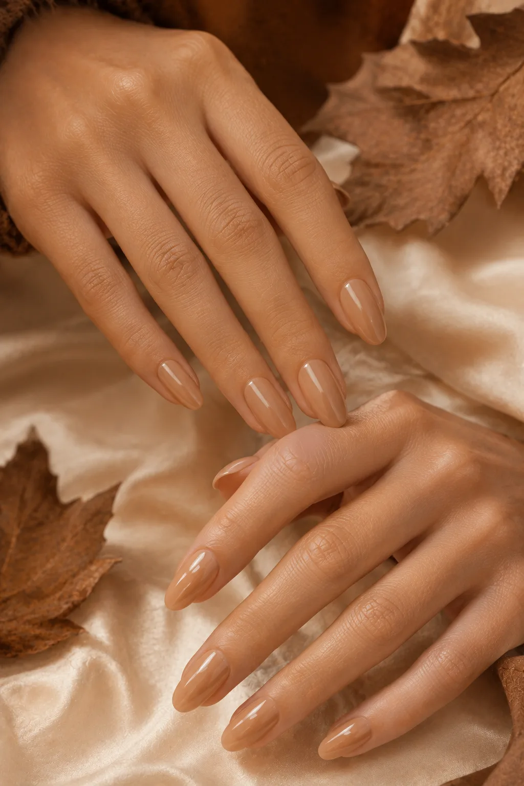Cozy warm caramel milky manicure featuring realistic hands with medium-length almond-shaped nails coated in a translucent creamy caramel polish that softly reveals the natural nail underneath, arranged in an elegant diagonal editorial pose with realistic skin texture, natural cuticles, authentic nail beds, delicate glossy reflections, warm ivory silk, caramel fabric tones, and soft autumn lighting for caramel milky nails, cozy fall manicure ideas, easy autumn nail designs, neutral nails, and chic DIY nail inspiration.