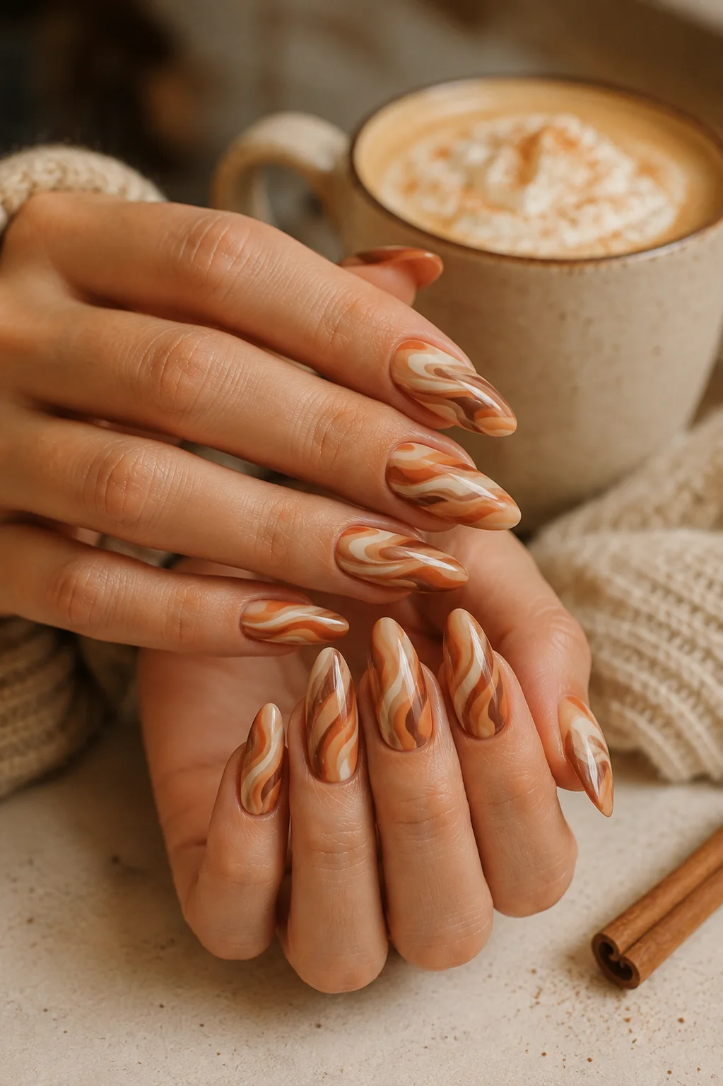 Long almond nails with layered cream, caramel, cinnamon, and pumpkin orange swirls inspired by pumpkin spice latte art.