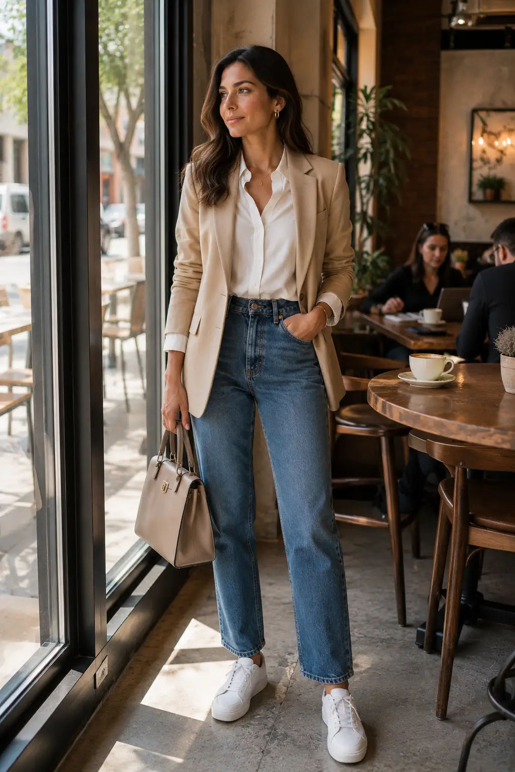 Stylish woman standing naturally in a realistic urban café wearing a complete everyday outfit formula consisting of straight-leg blue jeans, crisp white button-down shirt, tailored beige blazer, clean white sneakers, and structured neutral handbag, with the entire outfit clearly visible from head to toe, demonstrating an easy polished combination that can be recreated for effortless everyday style.