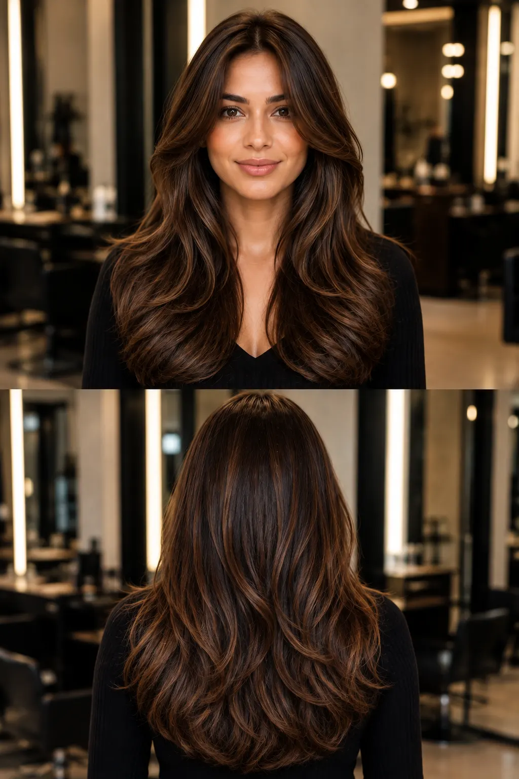Brown Sugar Brunette hair color with warm brown, caramel, and golden dimension shown in front and back views