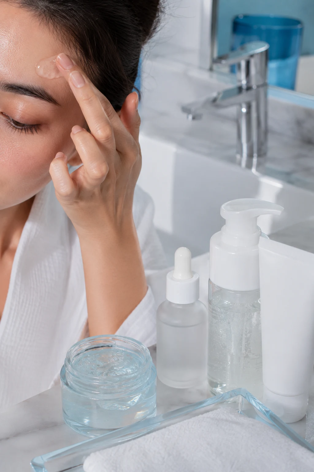 Woman applying lightweight gel moisturizer during a simple skincare routine for oily skin