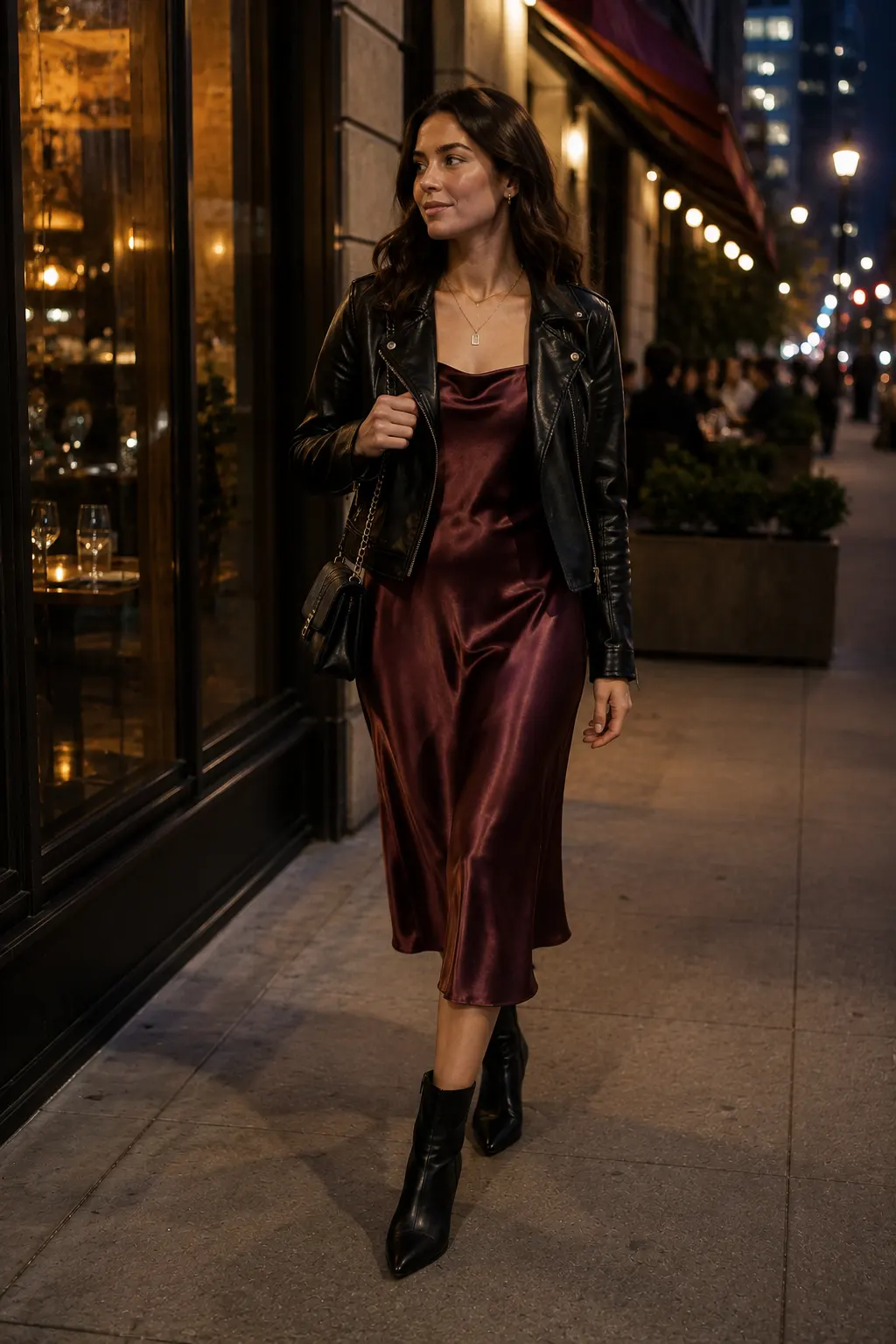Elegant fall evening outfit featuring a woman wearing a black leather moto jacket layered over a rich burgundy satin midi slip dress, a small black chain shoulder bag, delicate gold jewelry, and sleek black pointed ankle boots. The sophisticated night-out fall fashion look is photographed outside an upscale restaurant with glowing interior lights, dark storefronts, warm reflections, and a stylish city atmosphere.