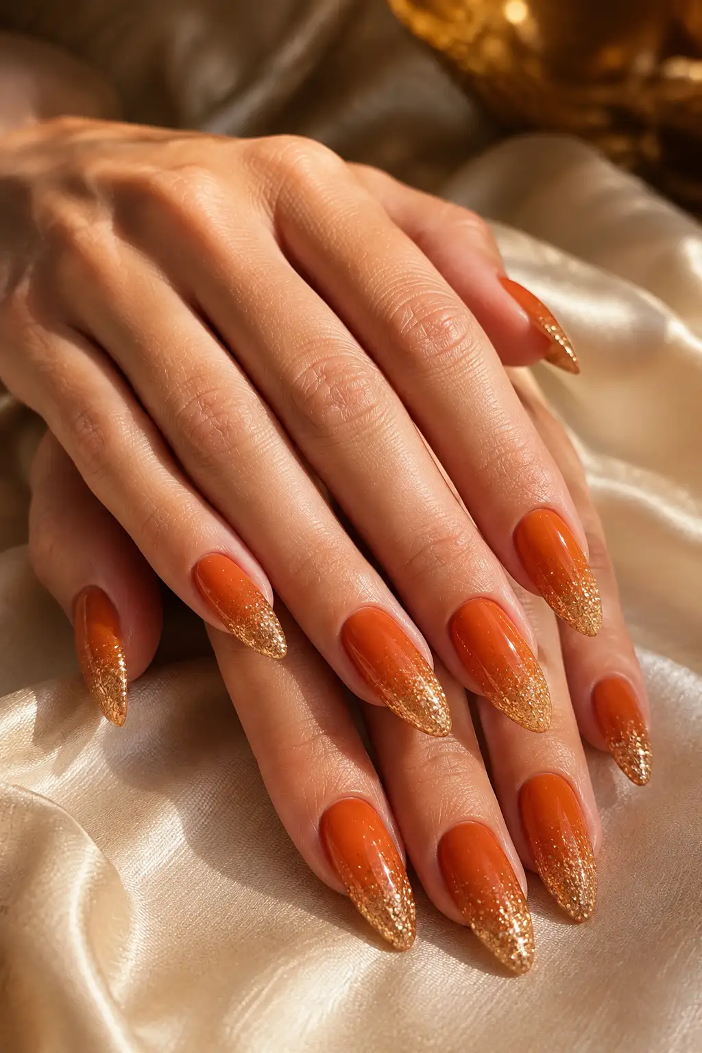 Long almond nails with a glossy pumpkin orange base fading into a sparkling gold glitter ombre at the tips.