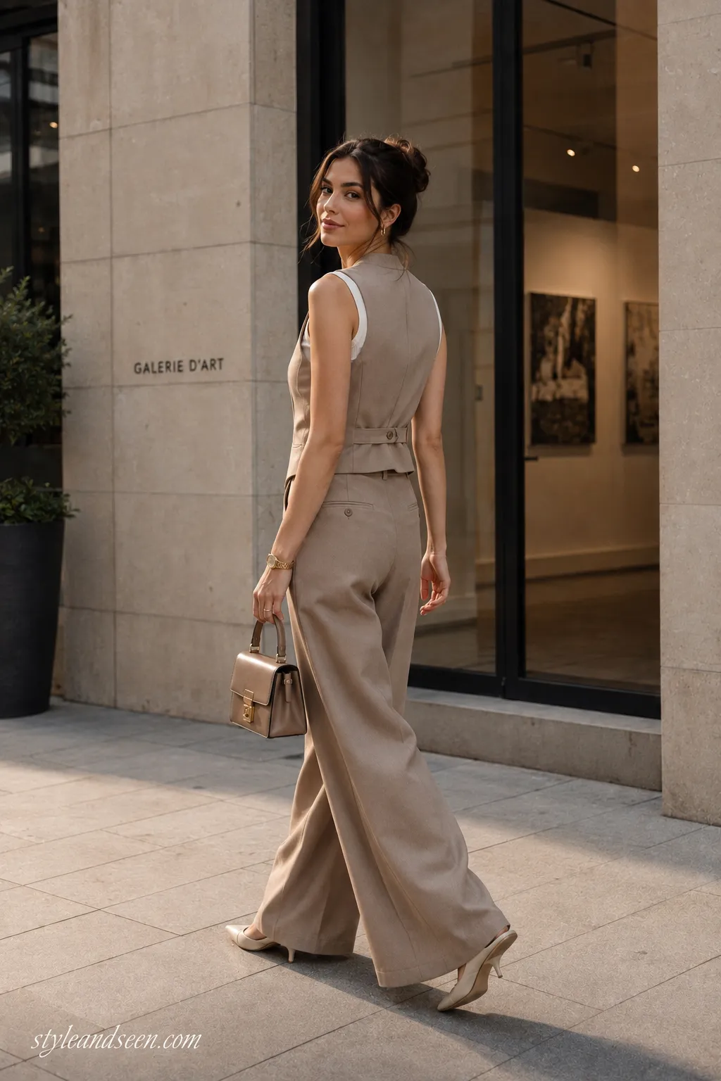 Young woman wearing a tailored vest with high-waisted wide-leg trousers and elegant footwear for a polished modern going-out look.
