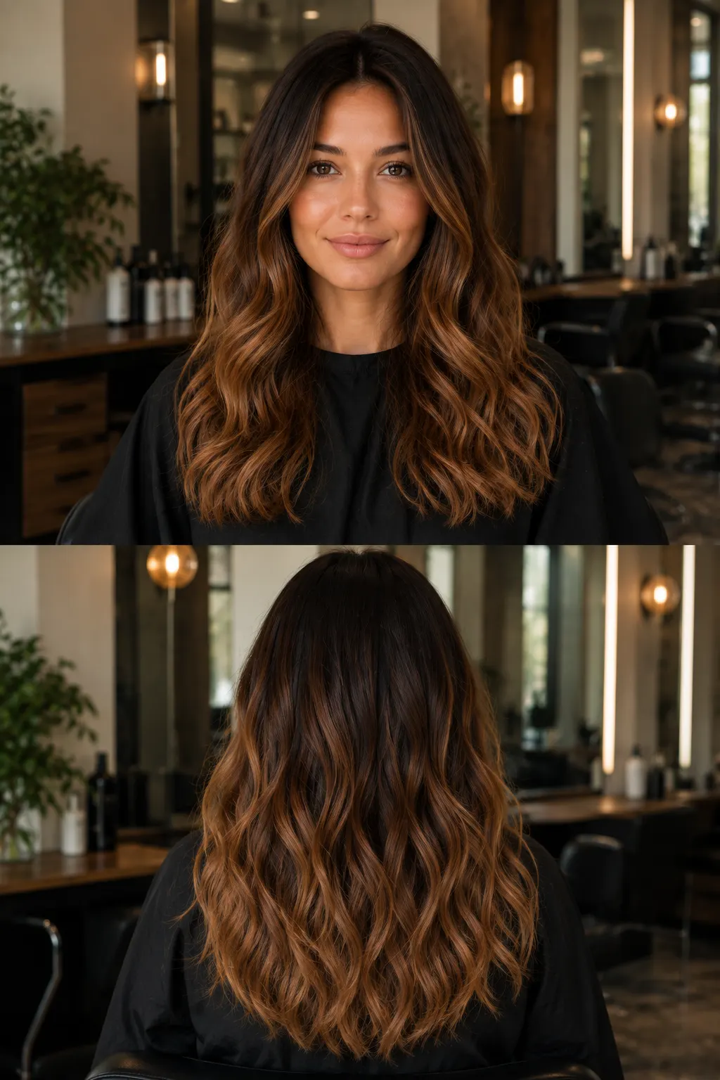 Caramel Melt hair color with brunette roots blending into warm caramel mid-lengths and ends shown in front and back views
