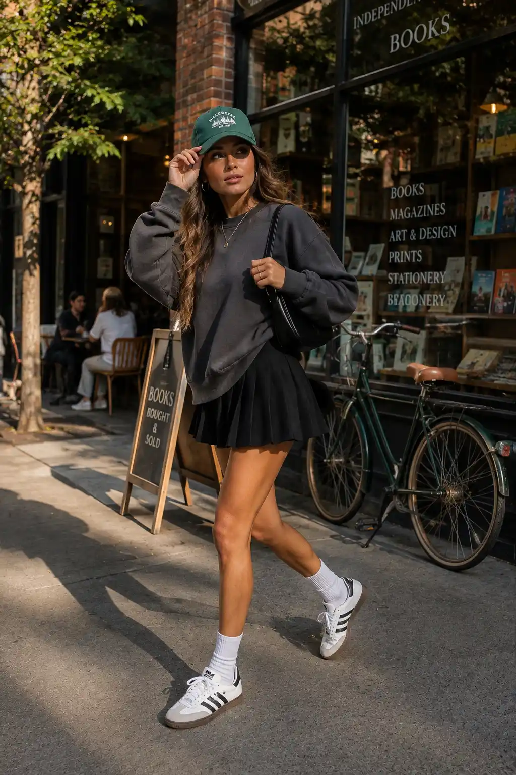 Woman wearing an oversized charcoal sweatshirt, black pleated mini skirt, sneakers, and a green snapback hat in a casual streetwear look