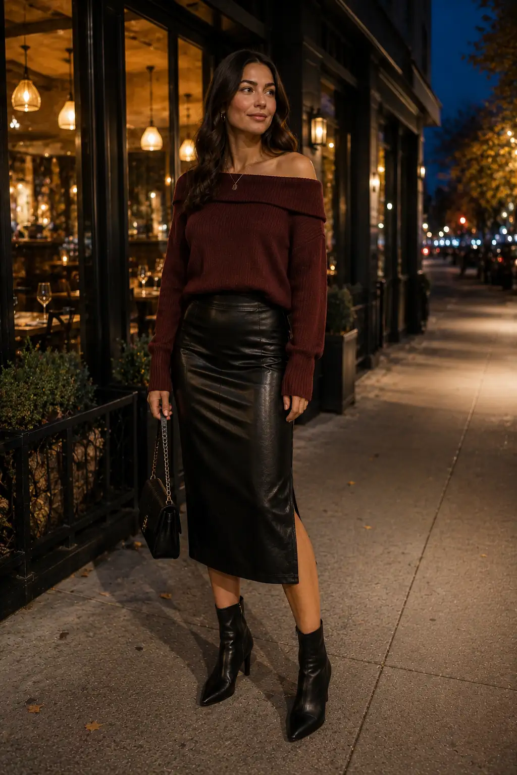 Chic fall date night outfit featuring a woman wearing a deep burgundy off-the-shoulder knit sweater tucked into a fitted black faux leather midi skirt with a side slit, a small black chain handbag, and pointed black ankle boots. The polished evening look is styled outside a stylish restaurant at night with warm pendant lights, glowing windows, dark architectural details, and an elegant city sidewalk setting.