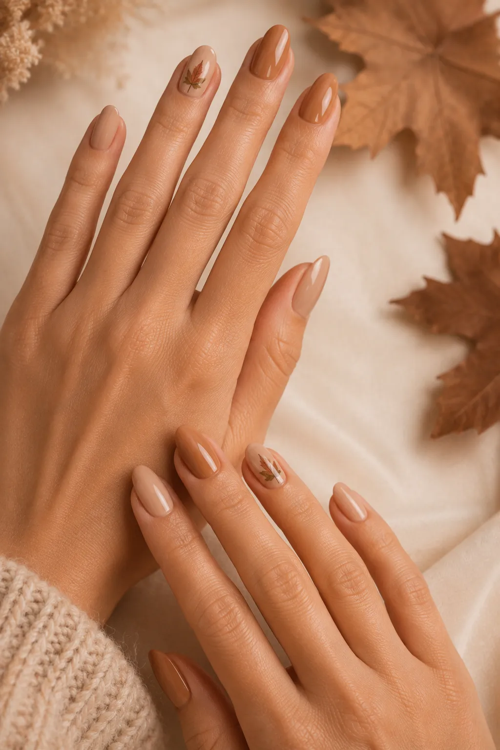 Delicate fall leaf nail art manicure featuring realistic hands with medium-length almond-shaped nails in warm nude and caramel shades, including a carefully painted accent nail with a tiny autumn leaf design in muted rust, olive, and brown tones, arranged with one hand resting diagonally while the other gently touches the wrist, showing realistic skin pores, natural cuticles, detailed miniature nail art, authentic nail beds, soft autumn lighting, and premium beauty magazine styling for fall leaf nails, autumn nail art, easy DIY manicure ideas, and seasonal nail inspiration.