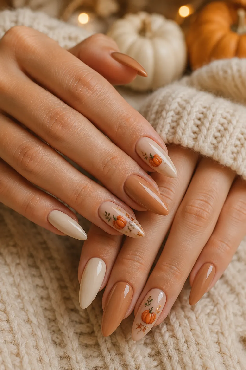 Long almond-shaped nails with warm cream and caramel polish decorated with small detailed pumpkin decals and autumn accents.