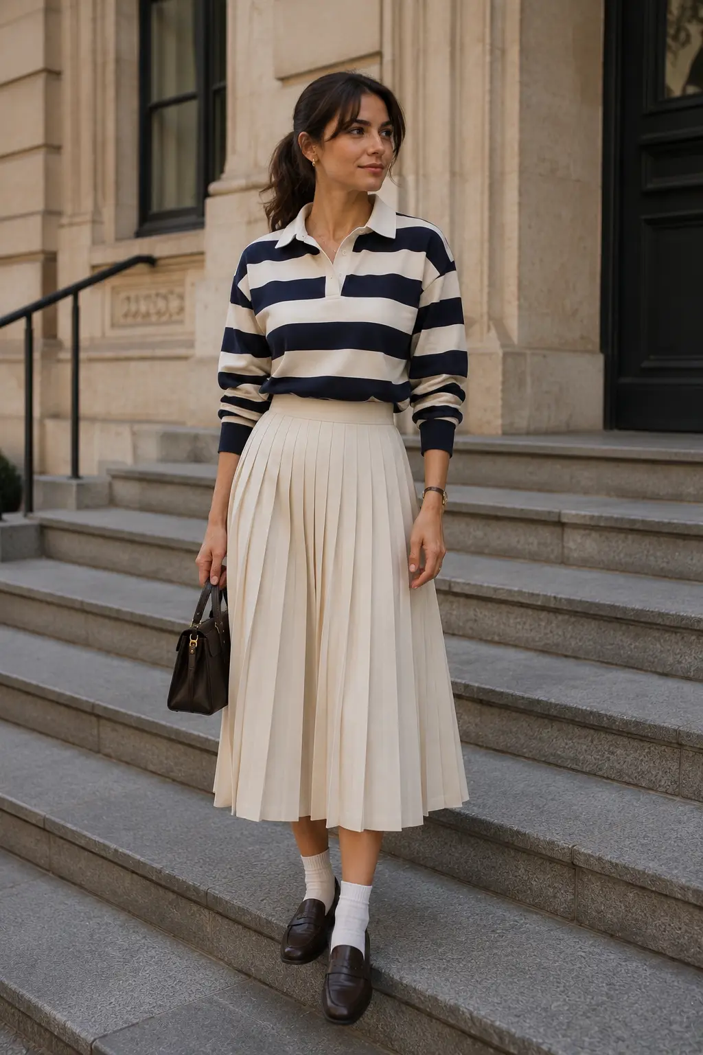 A stylish woman wearing a classic striped rugby shirt tucked into a high-waisted cream pleated midi skirt, creating a modern preppy fashion look. She pairs the outfit with classic loafers, simple ankle socks, a compact structured handbag, and minimal jewelry while standing outside a refined contemporary city building.