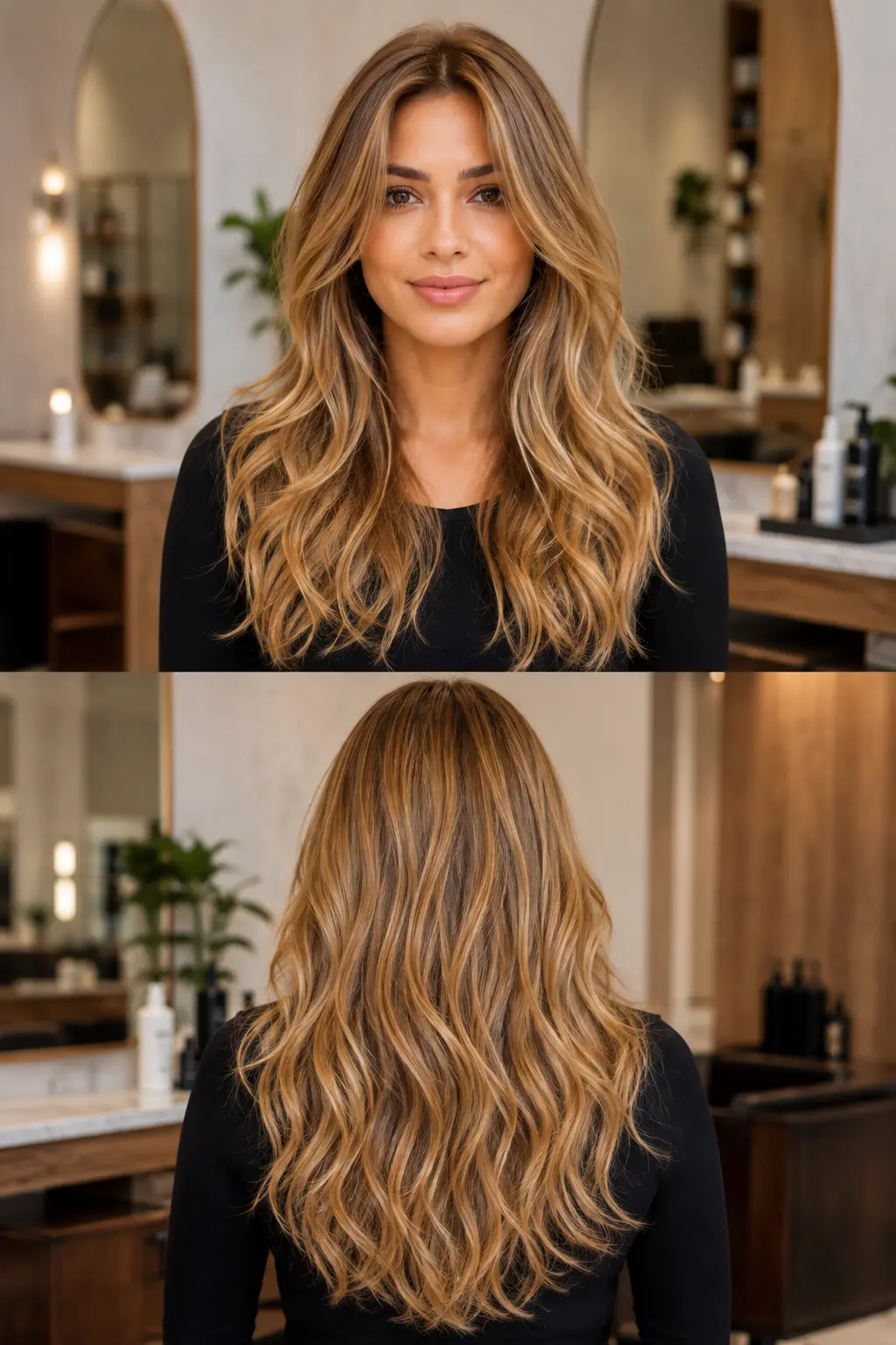 Toasted Honey Blonde hair color with warm golden, honey, and beige tones shown in front and back views