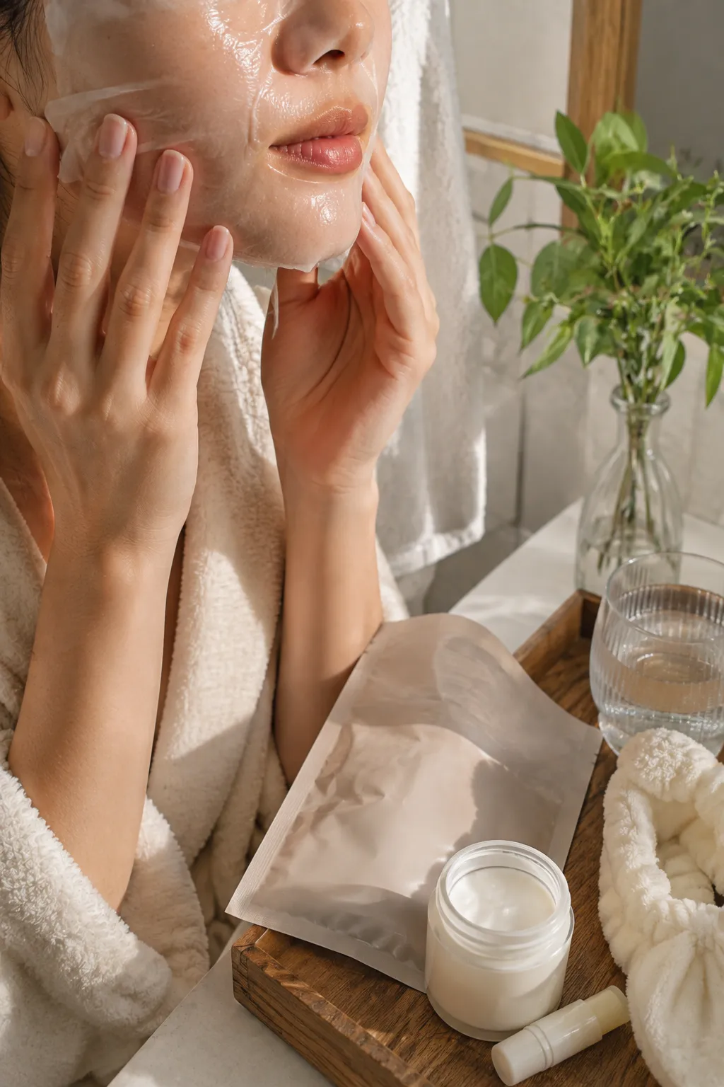 Real-life weekend skincare self-care routine with a hydrating sheet mask, moisturizer, and lip balm