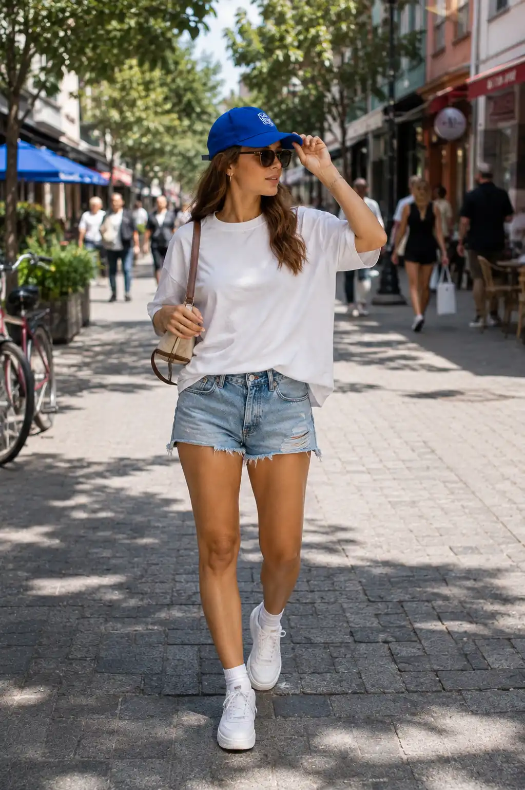 Woman wearing an oversized white T-shirt, distressed denim shorts, white sneakers, and a colorful blue snapback hat for summer