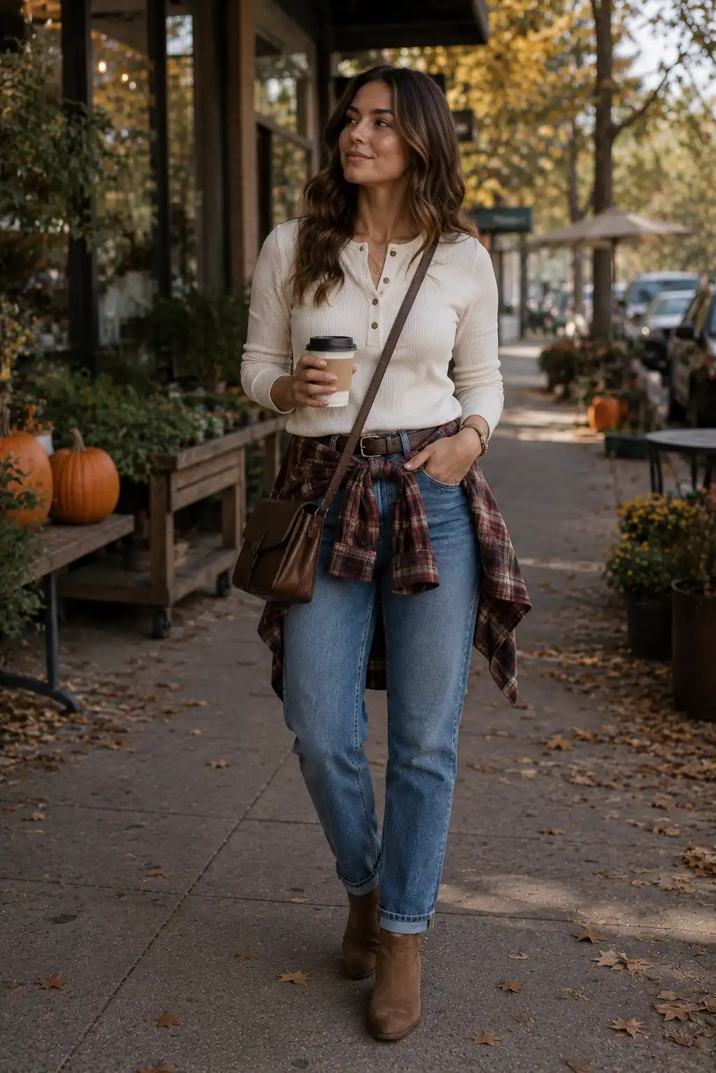 Relaxed fall weekend outfit featuring a woman wearing a cream henley knit sweater with fitted sleeves, classic blue straight-leg jeans, a brown plaid shirt casually tied around her waist, a brown crossbody leather bag, and brown ankle boots. The cozy autumn casual look is photographed on a charming tree-lined neighborhood street with cafes, pumpkins, warm foliage, outdoor seating, and soft natural daylight.