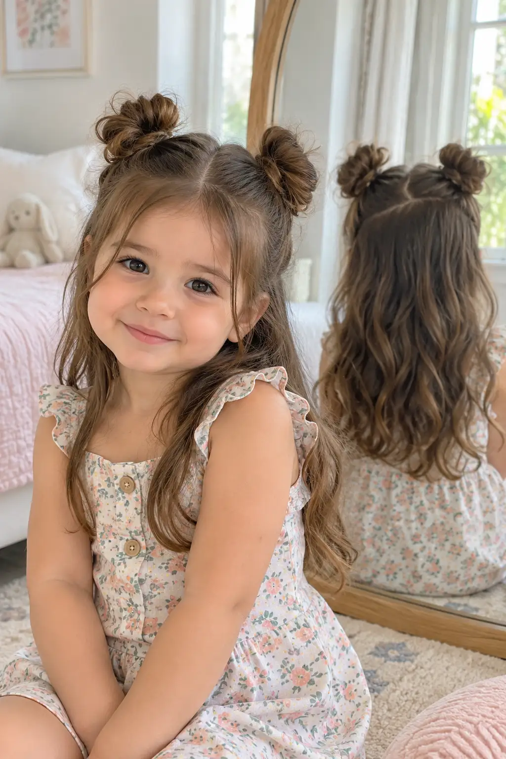 Toddler girl wearing cute half-up space buns with two small buns on top and the rest of her natural hair left loose, shown clearly from the front and back.