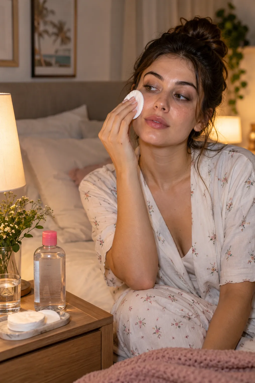 Young woman using micellar water and a cotton pad to quickly remove summer makeup and sunscreen in a cozy bedroom before bed.