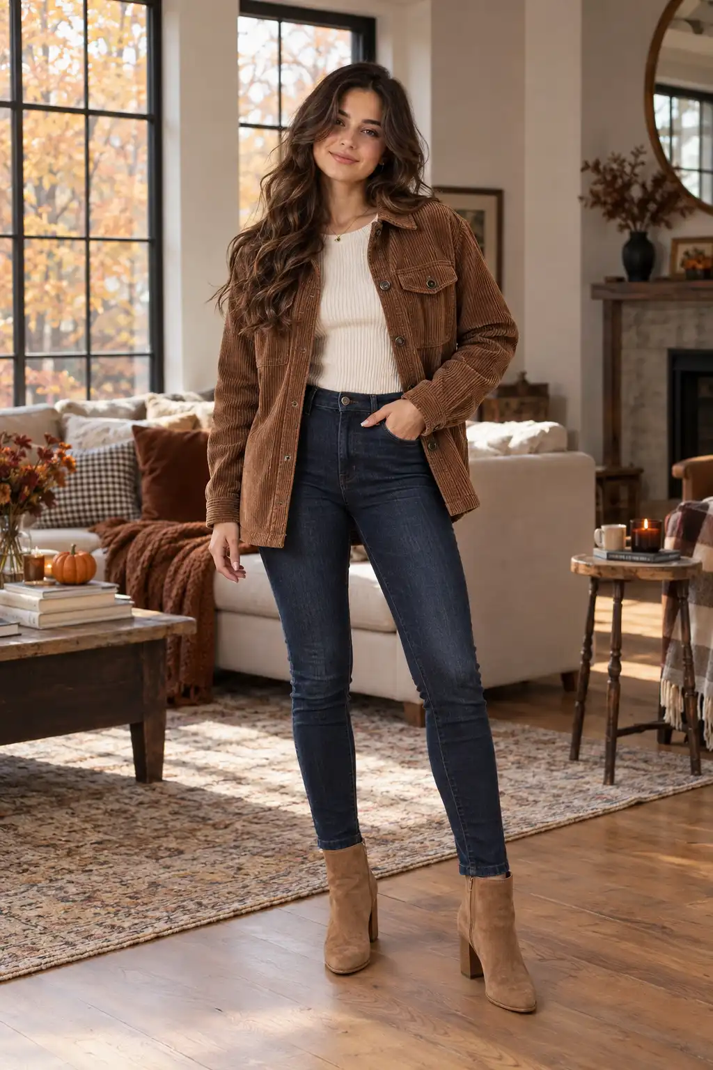 Woman wearing a brown corduroy shacket over a fitted ribbed knit top with dark skinny jeans and suede ankle boots for a stylish fall outfit.