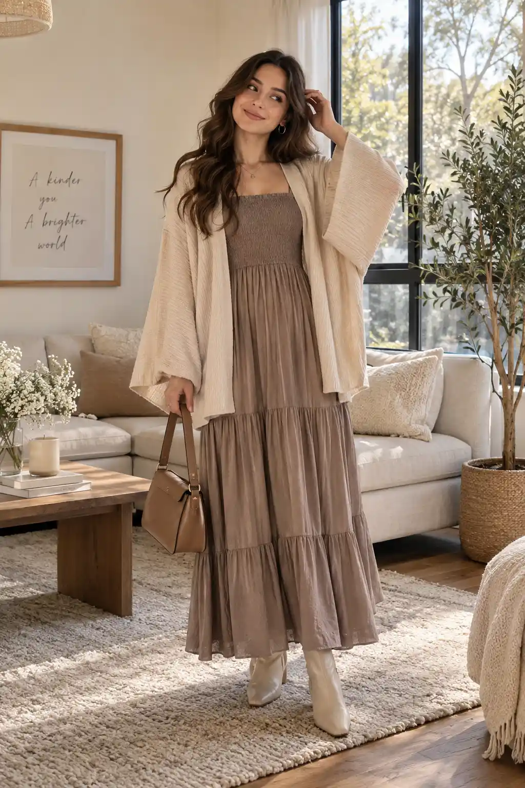 Stylish woman wearing a long flowy modest maxi dress with a wide-sleeve cardigan and ankle boots in a cozy modern home interior