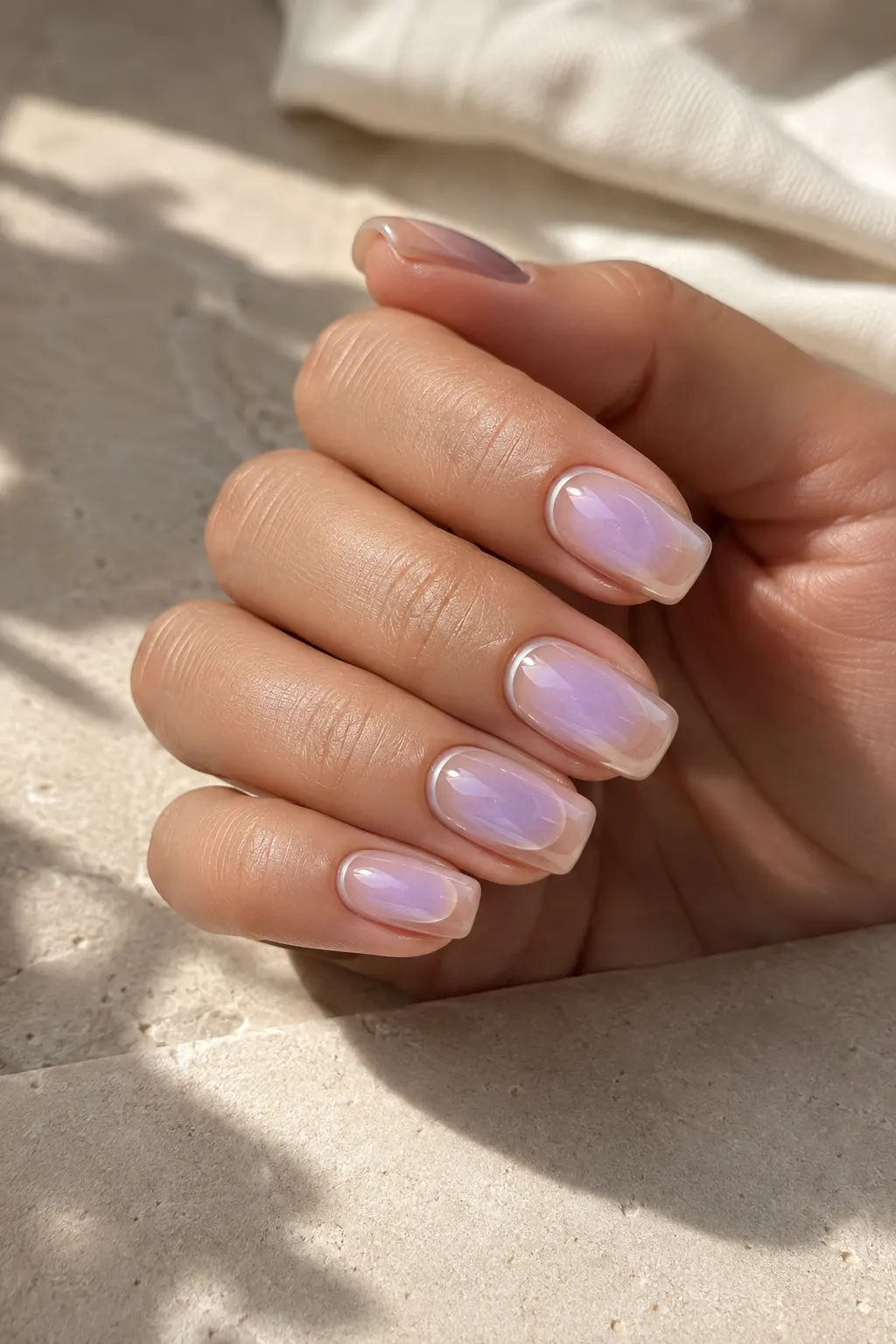 Medium-length squoval nails with a translucent milky nude base, icy lilac aura centers, and subtle champagne chrome halos.