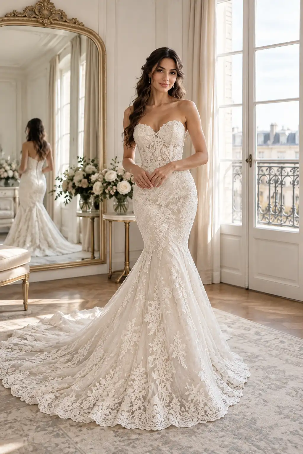 Elegant adult bride wearing a sweetheart-neckline ivory lace mermaid wedding gown with a fitted silhouette and dramatic sweeping train in a luxury bridal setting.