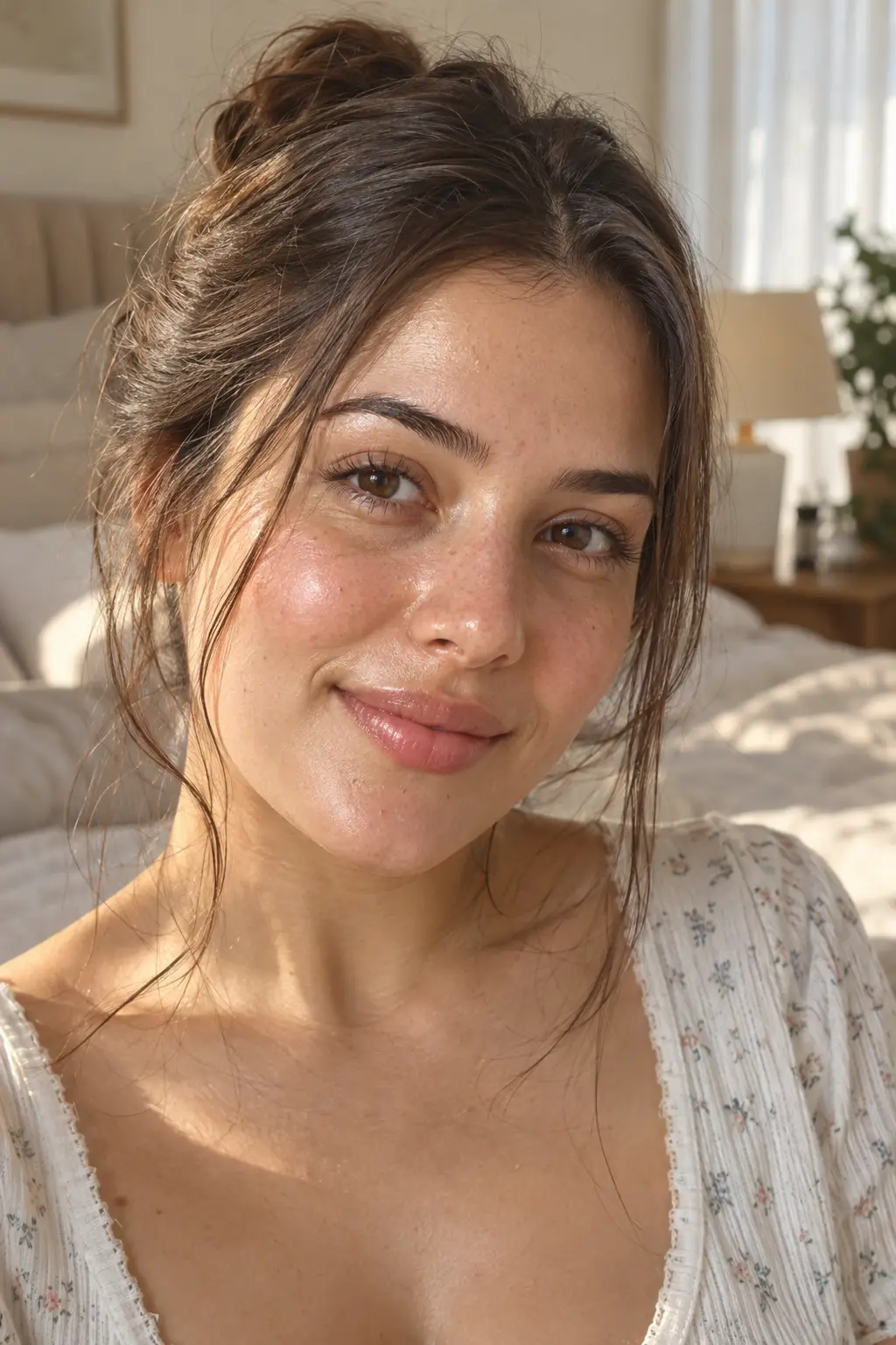 Close-up of a young woman wearing a natural no-makeup makeup look with a lightweight dewy skin base, sheer BB cream, subtle luminous cheekbones, naturally groomed brows, and fresh hydrated skin in a cozy bedroom.