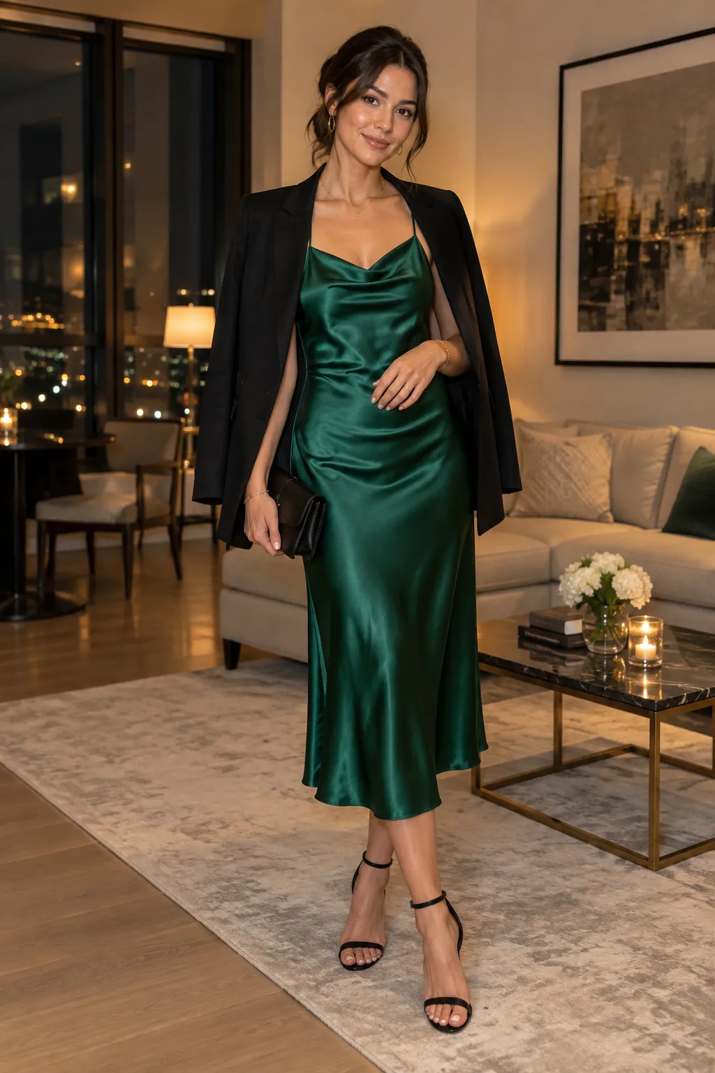 Elegant woman wearing an emerald green satin slip dress with a structured black blazer draped over her shoulders, strappy heels, and minimal jewelry for a sophisticated party outfit.