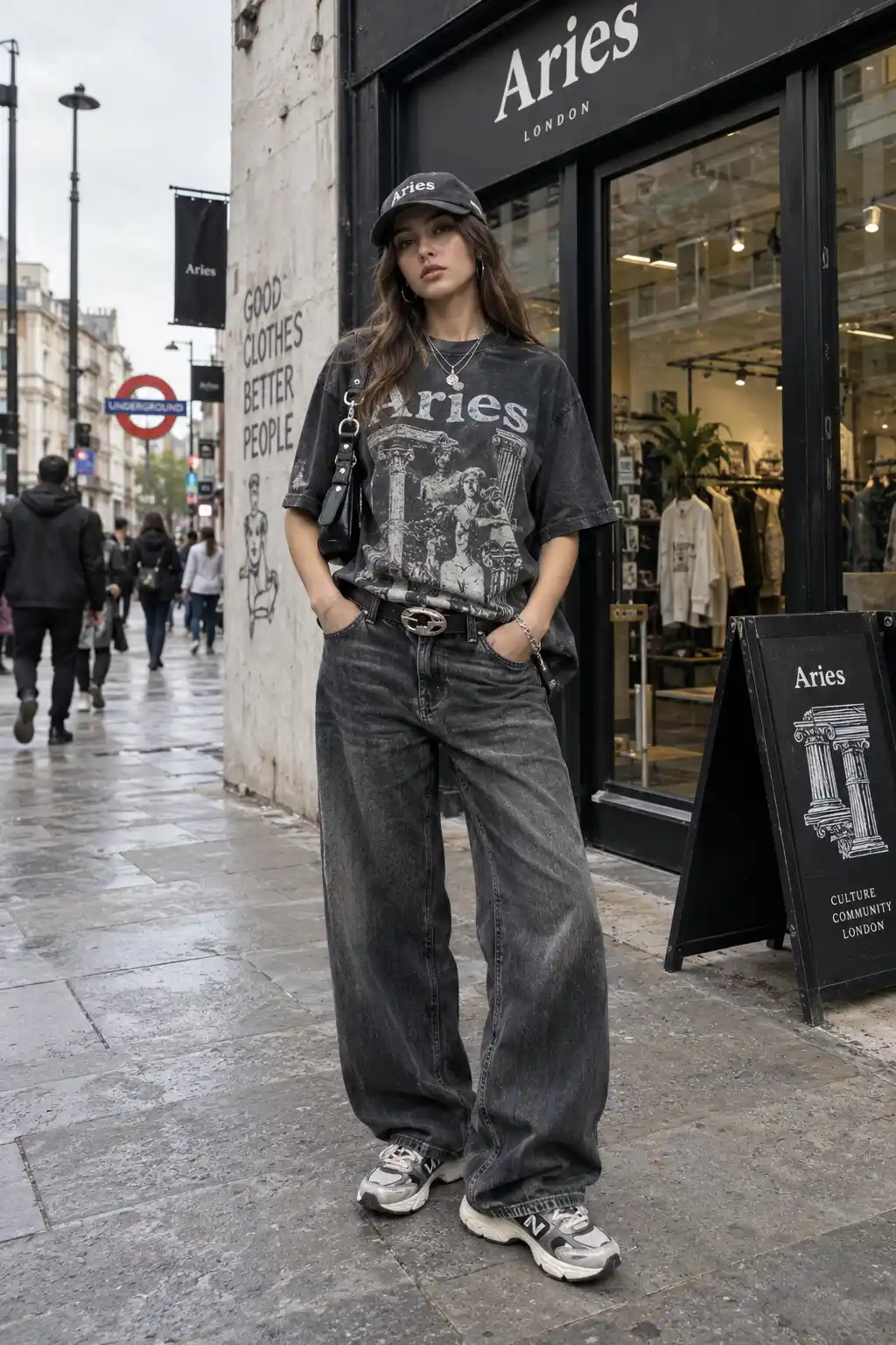 Aries-inspired women's streetwear outfit featuring an oversized graphic T-shirt, relaxed wide-leg jeans, chunky sneakers, accessories, and a bold London streetwear boutique setting.