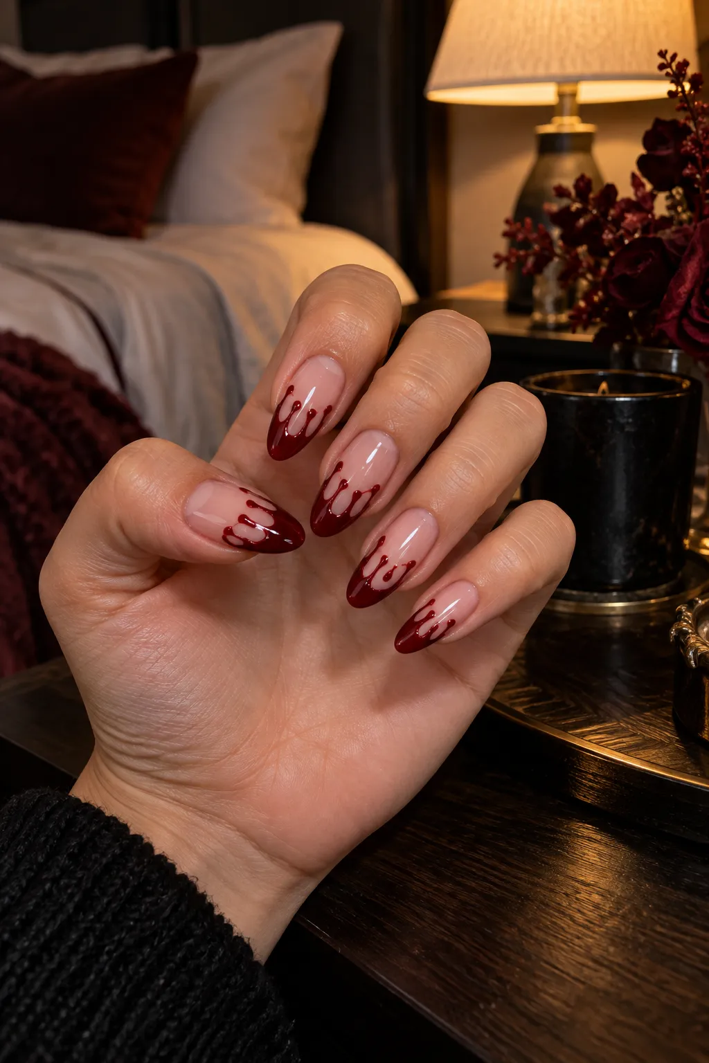 Close up of deep red French tip nails with glossy blood drip designs running down from the tips