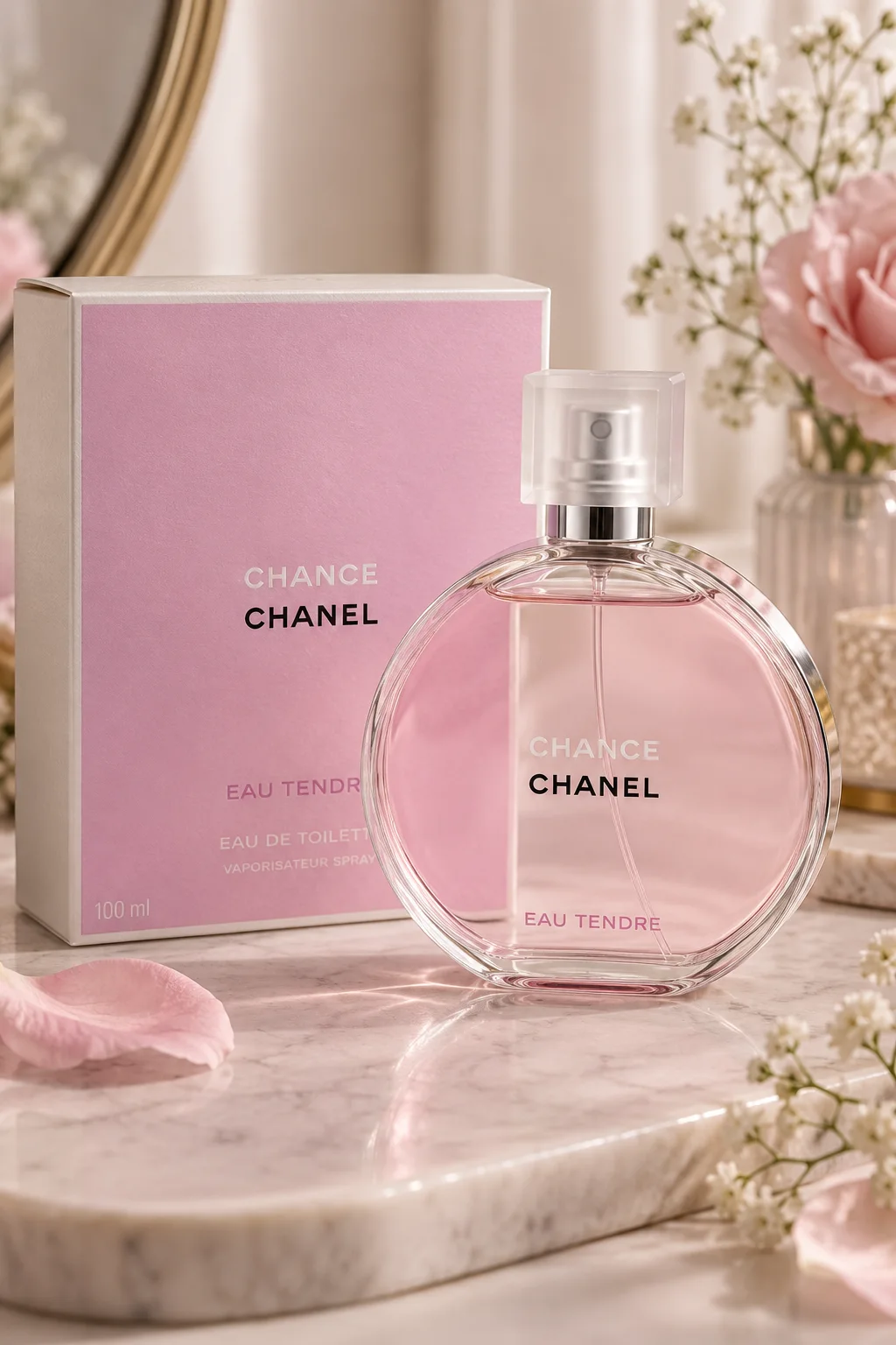 Chanel Chance Eau Tendre perfume bottle and original fragrance box displayed in an elegant soft pink setting, featuring the delicate feminine bottle design and fresh luxury styling for an everyday signature fragrance.