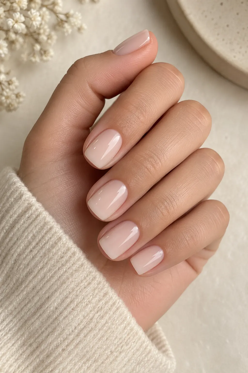 Short square nails painted in a soft nude and milky white polish with a clean, glossy finish on a natural-looking hand.