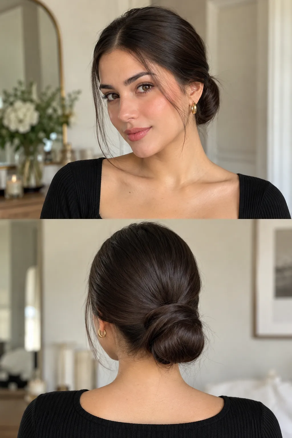 Elegant low sleek bun hairstyle with a smooth middle part and polished finish, shown from the front and back for an easy everyday look.