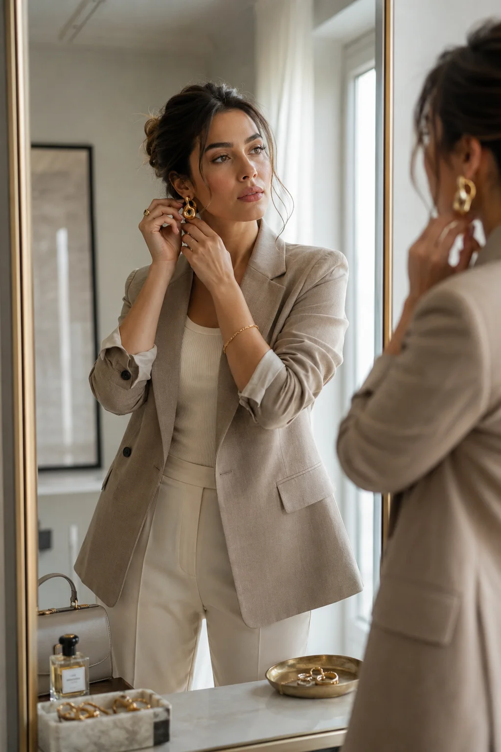 A stylish young woman in a neutral tailored outfit adjusts elegant gold earrings in front of a full-length mirror, showing how a signature accessory can make a simple personal style more memorable.