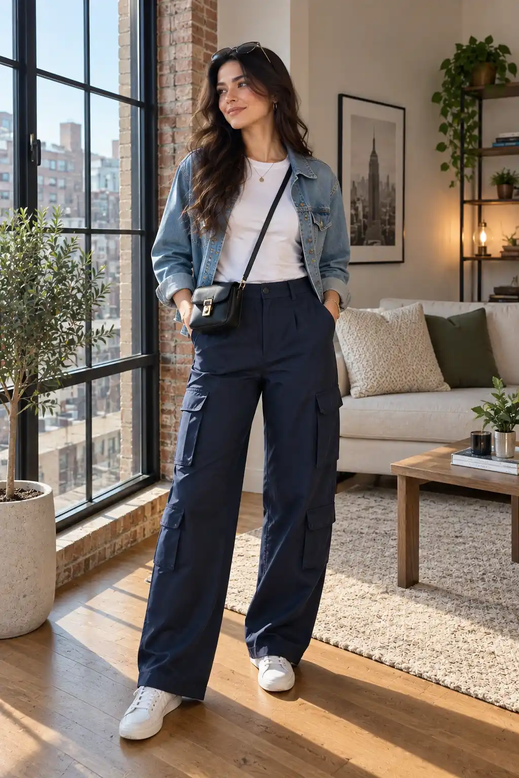 Woman wearing navy blue cargo pants with a fitted white T-shirt, open denim jacket, white sneakers, and a crossbody bag in a stylish urban apartment.
