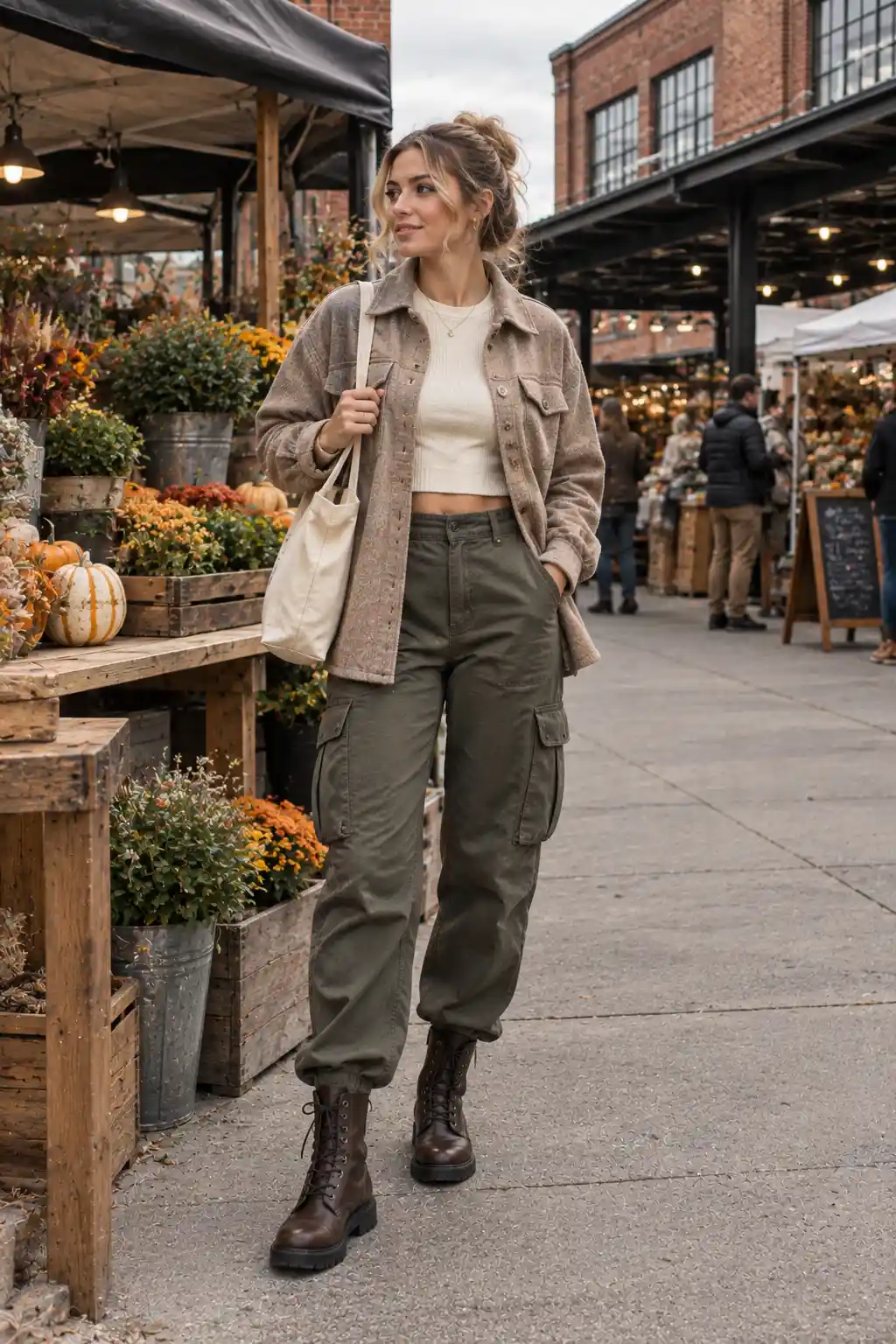 Woman wearing a neutral shacket over a cropped ribbed knit top with relaxed cargo pants and sturdy lace-up boots for a modern utility-inspired fall outfit.