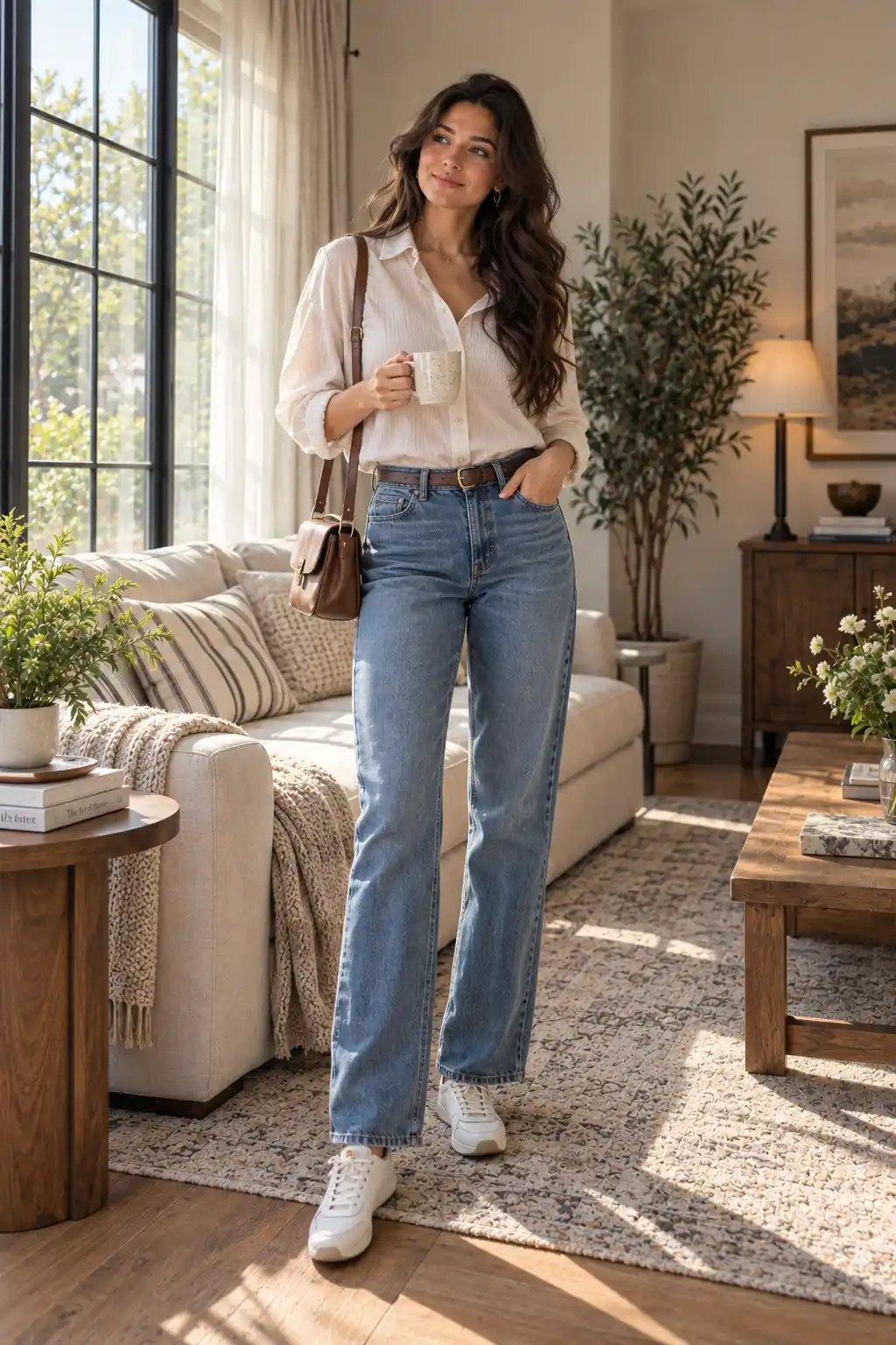 Tall woman wearing mid-rise straight-leg jeans with a tucked-in blouse and flat sneakers, demonstrating how a different trouser rise can create balanced proportions on a tall frame.